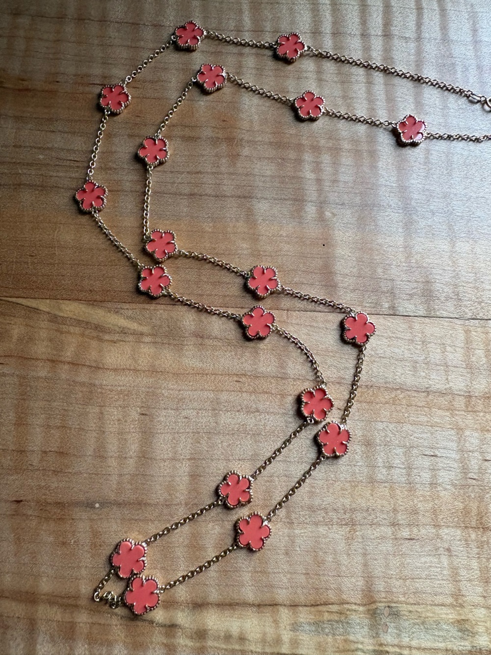 925 Sterling Silver 36” Gold Chain Necklace with Coral Pink Clover Accents